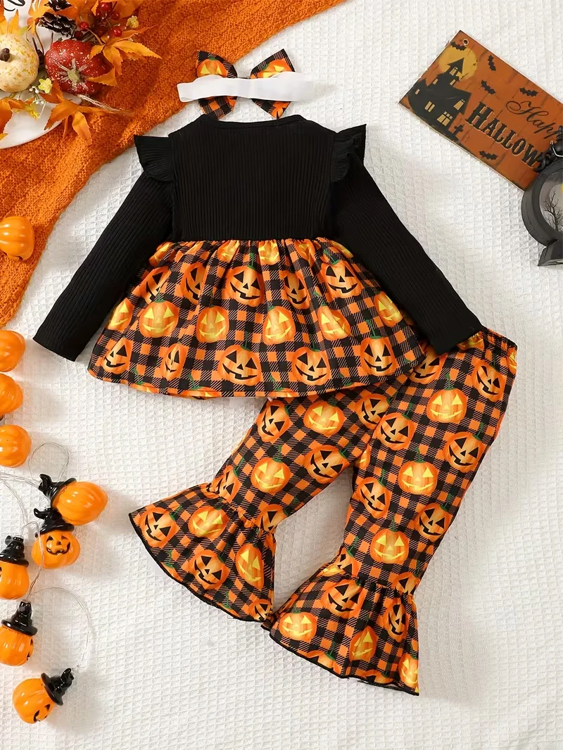 3Pcs Baby Girl Halloween Outfit, Pumpkin Plaid Ruffle Top Flare Pants Headband Set for 0-2Y