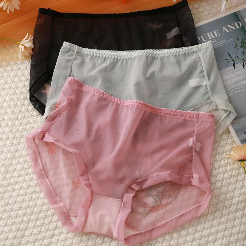 3PCS/Set Panties for Women Chinese Style Printed Sexy Net Soft Lingeries Briefs Plus Size 5XL Thin Transparent Underwears