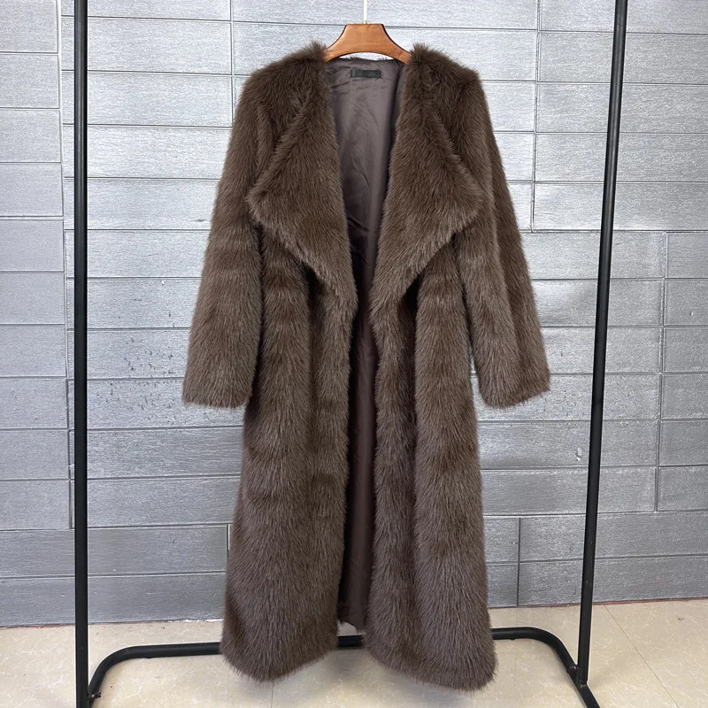 

Faux Fur Long Coats Women Turn Down Collar Y2k Streetwear Casual Loose Elegant Warm Jackets Maxi Open Stitch Coat 2025 Overcoat