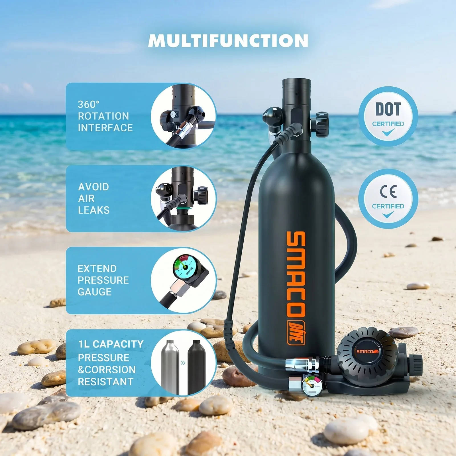 

SMACO Mini Scuba Tank with Full Face Diving Mask,Reusable Lung Air Tank Sub Mask S400 Pro 1L Portable Mini Diving Tank Pony Bott