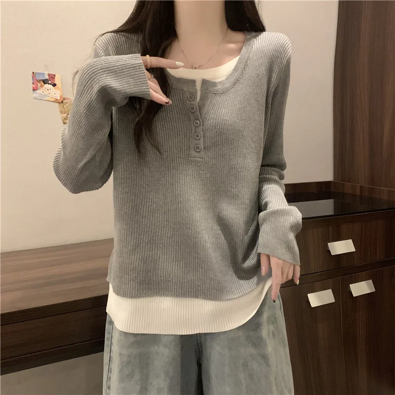 Smvp Solid Threaded Long Sleeve T-shirt False Two-piece Patchwork Women Top 2025 Fashion Lady Spring New Korean Style Clothing