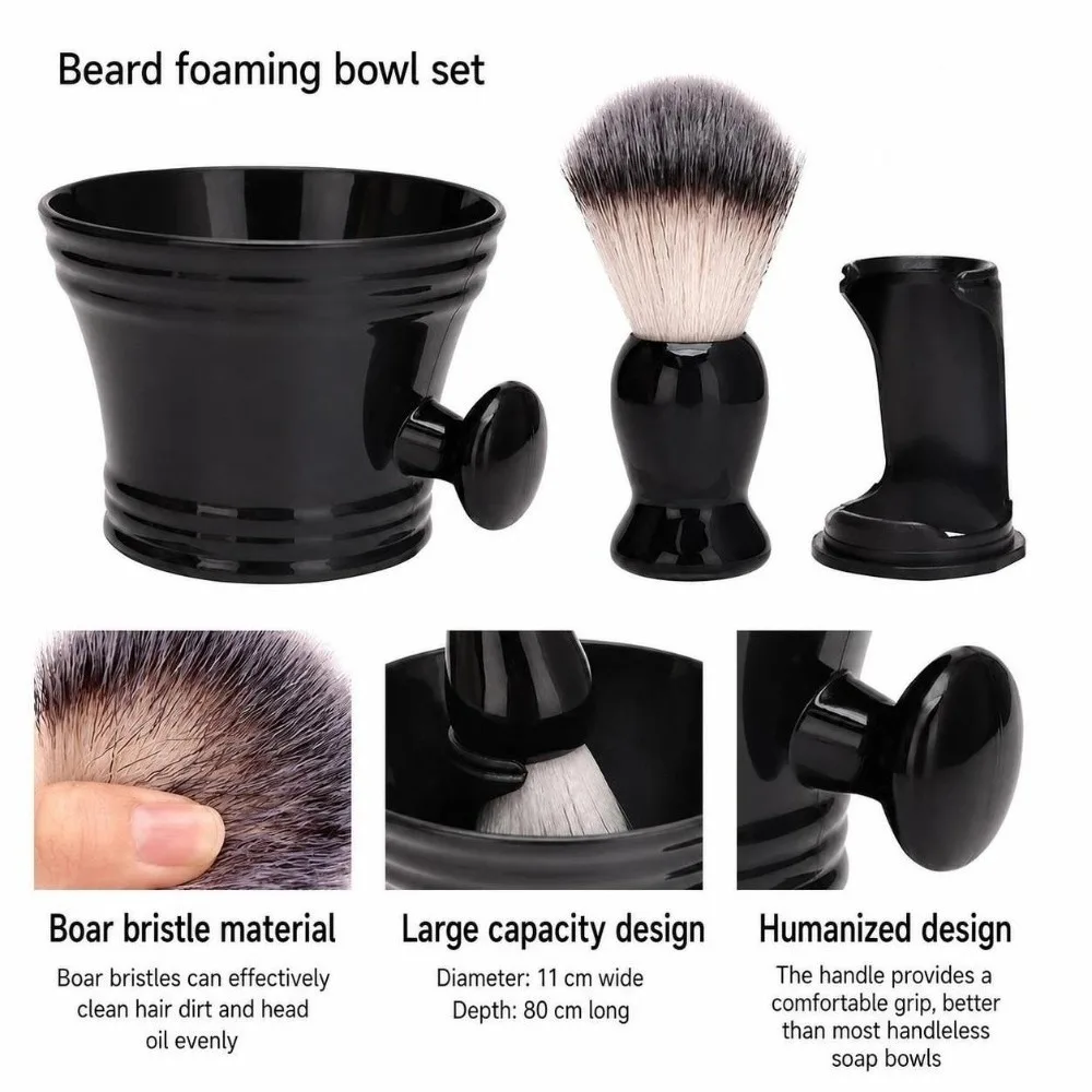 3PCS Soft Nylon Hair Shaving Brush Set ABS Handle Stainless Steel Bowl Beard Brush Black Brush Stand Holder