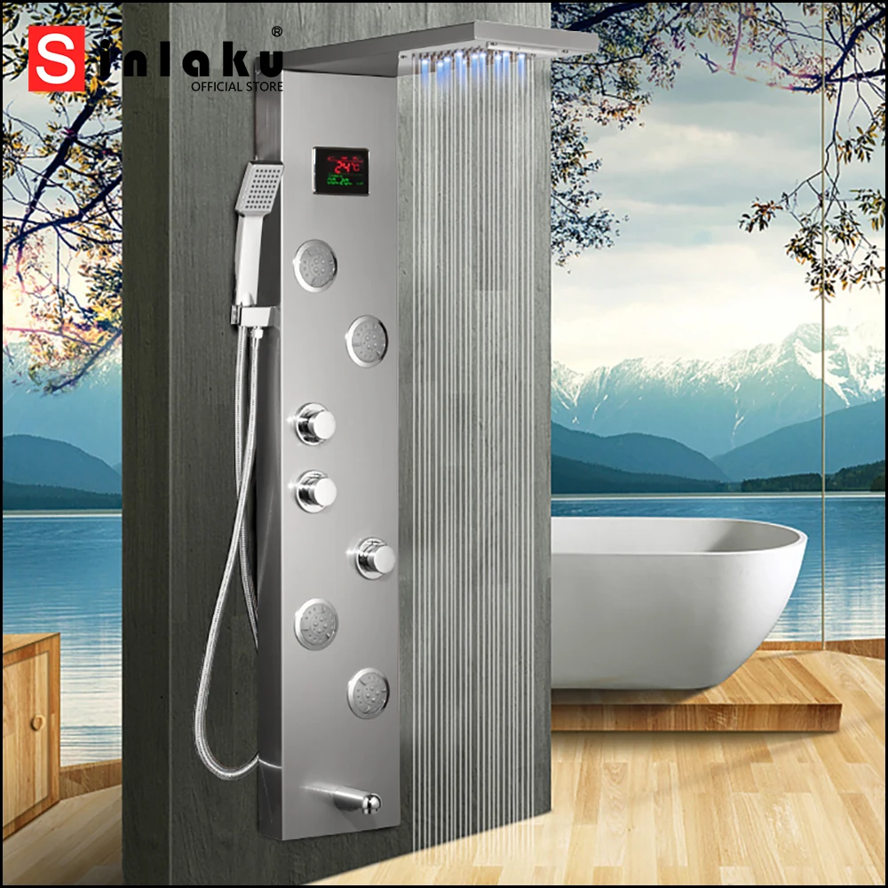 

SINLAKU LED Shower Panel Waterfall Rain Digital Display Shower Faucet Set SPA Massage Jet Bathroom Column Tower System Tap