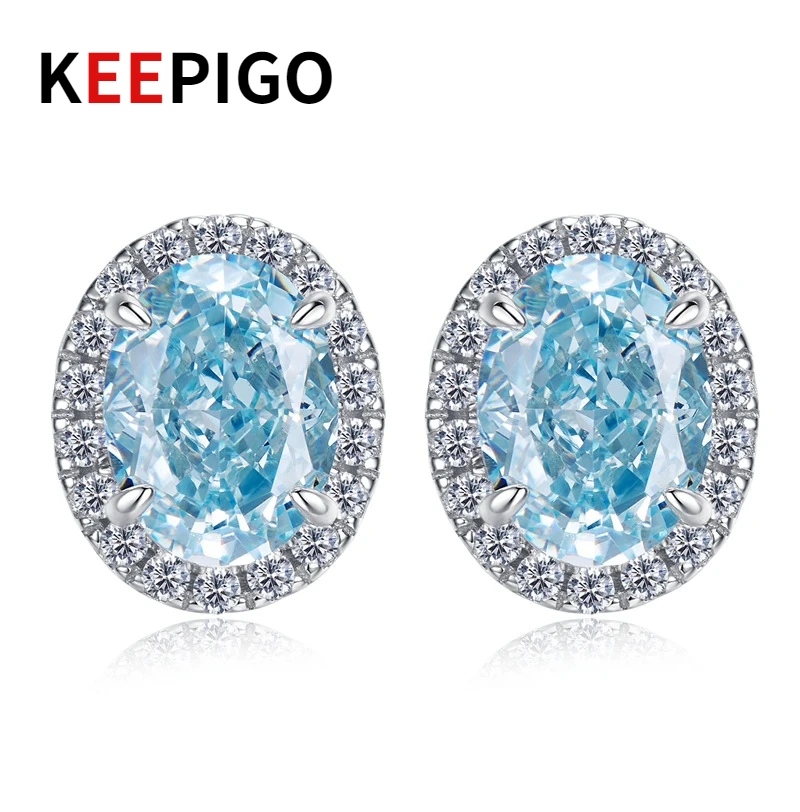 

KEEPIGO Real S925 Sterling Silver Cool Trend Fashion 6*8mm Aquamarine High Carbon Diamond Earrings Fine Jewelry RA164