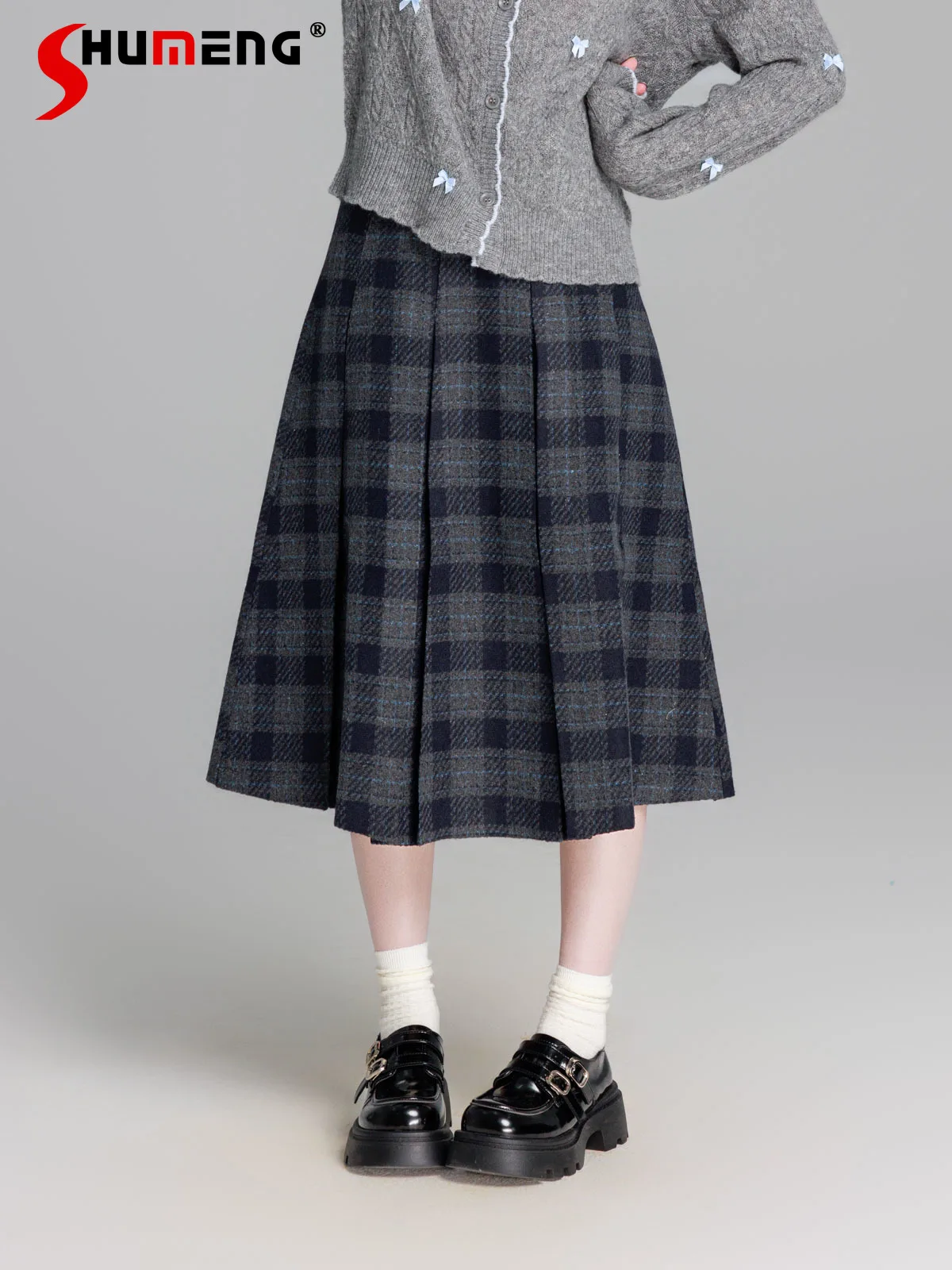 Japanese Sweet Retro Preppy Style Versatile Casual Gray Woolen Plaid Skirt High Waist A-line Pleated Long Skirts Women Winter