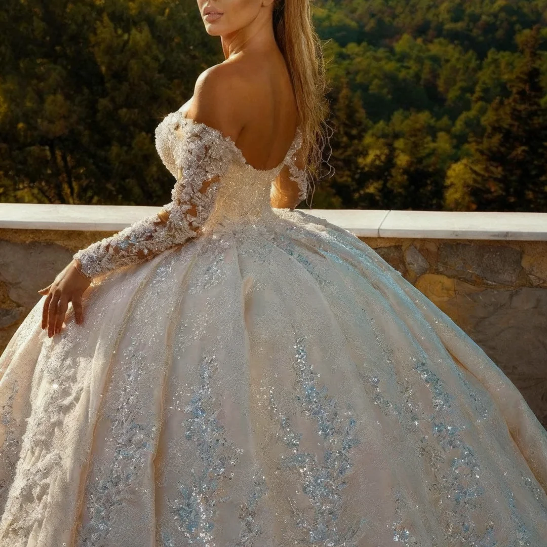 Customized Elegant Off The Shoulder V-Neck Wedding Dresses Long Sleeve Applique Sequins Lace Formal Bride Porm Party Gowns