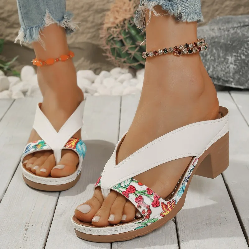 

Women Peep Toe High Heels Sandals Summer Gladiator Shoes Chunky Heel Platform Women Sandals Flower Printing Ladies Heeled Shoes