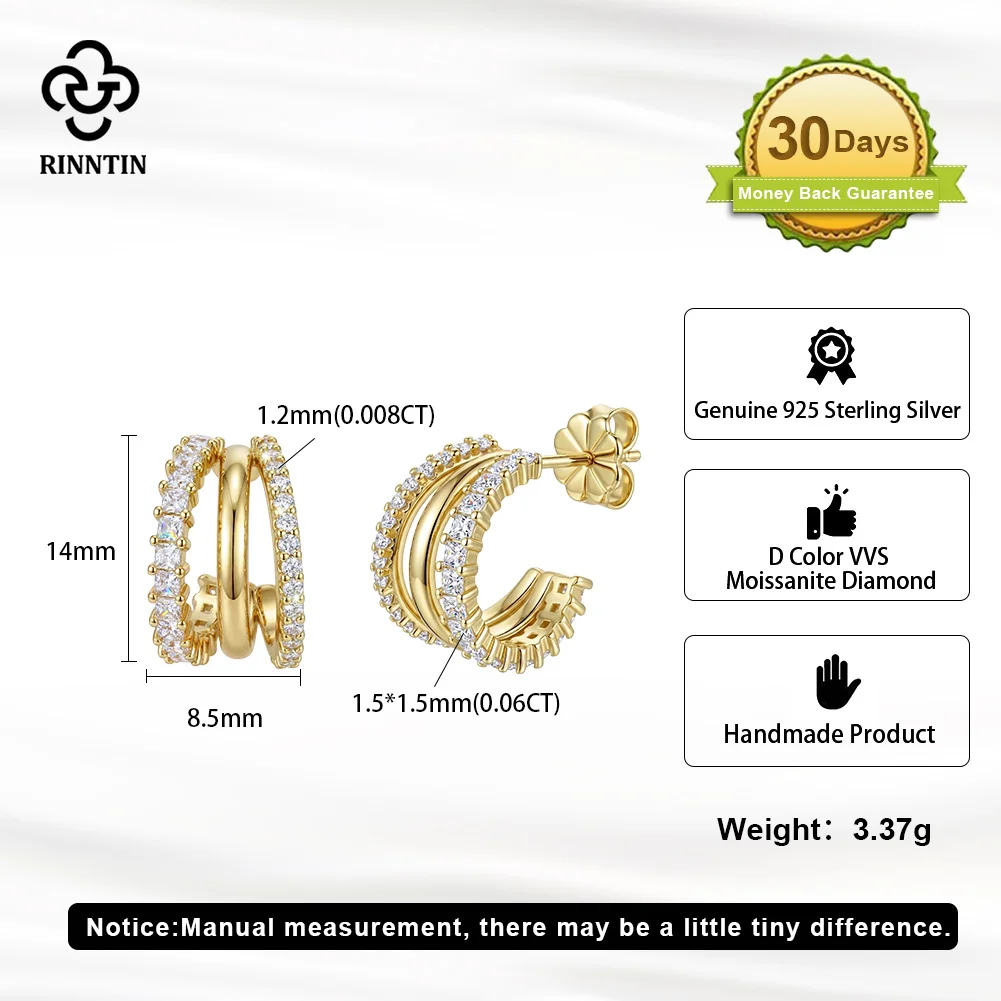 Rinntin 925 Sterling Silver D‑Color Moissanite Layered C‑Hoop Earrings Shiny Multi‑Row Birthday Jewelry Gift for Her MOE40