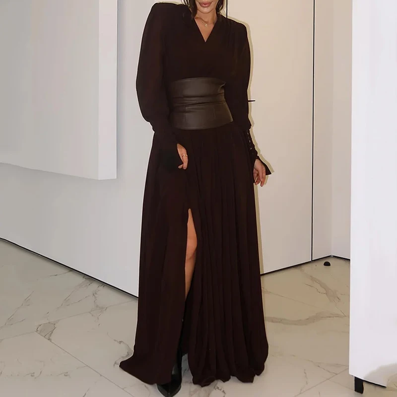 

Ellafads Long Dress Women's Clothes Elegant Fashion Solid Long Sleeve V Neck Nipped Waist Zipper Maxi Dress Streetwear