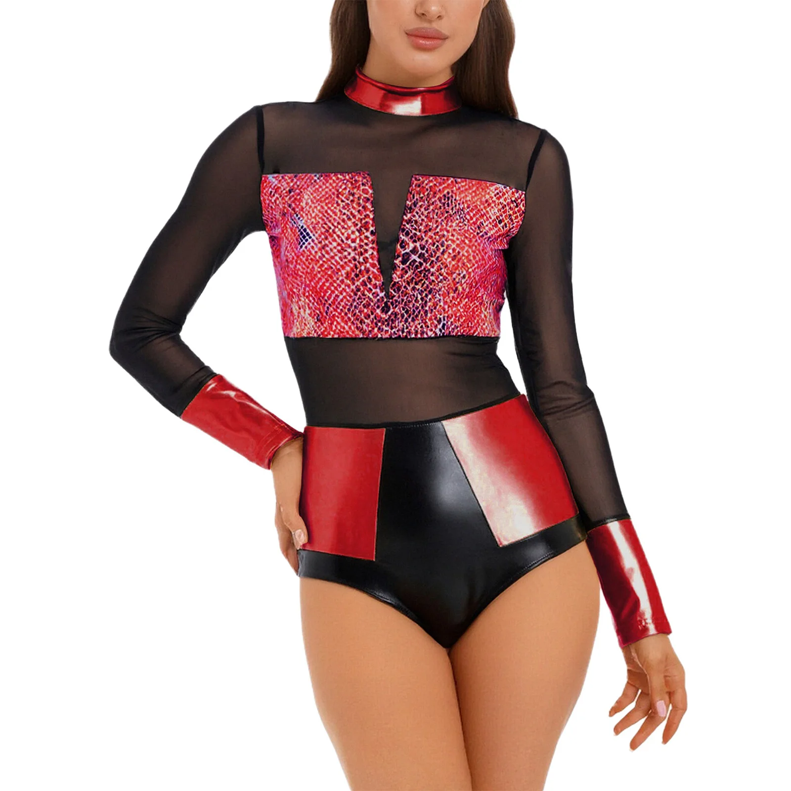 المرأة مشع لامع حزب بذلة جلد الثعبان نمط طباعة بقماش شفاف يوتار الهذيان ديسكو الرقص ارتداءها كرنفال Comtume