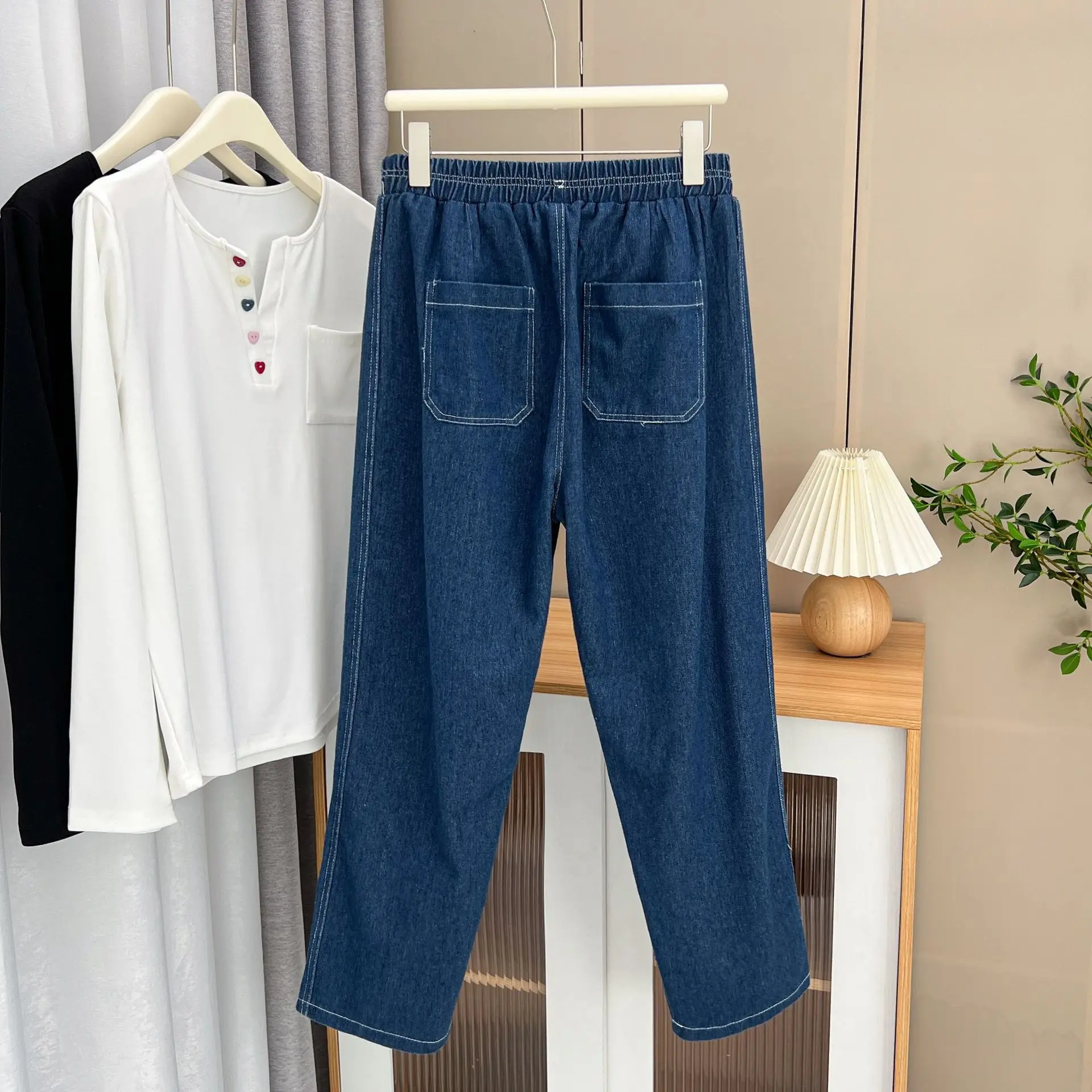 Womens Plus Size Jeans Autumn 2023 Casual Clothing Simple Elasticated Waisted Denim Harem Pants S6 5660