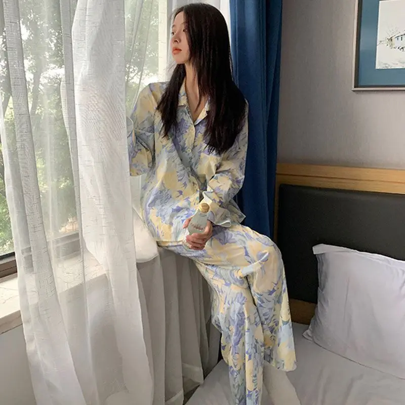 Pajama Sets Women Autumn Vintage Print Loose Sleepwear Casual Home All-match Korean Style Chic Temperament Cozy Lounge Aesthetic