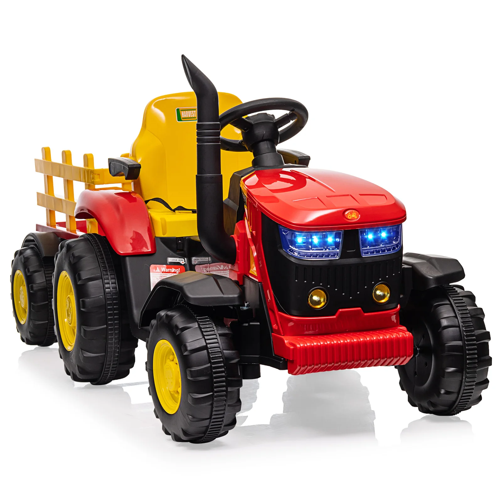 Ride-on Tractor for Kids with Detachable Trailer,12v, Remote Control, LED Headlights, USB Music, 7Ah Battery, Dual 35w Motors