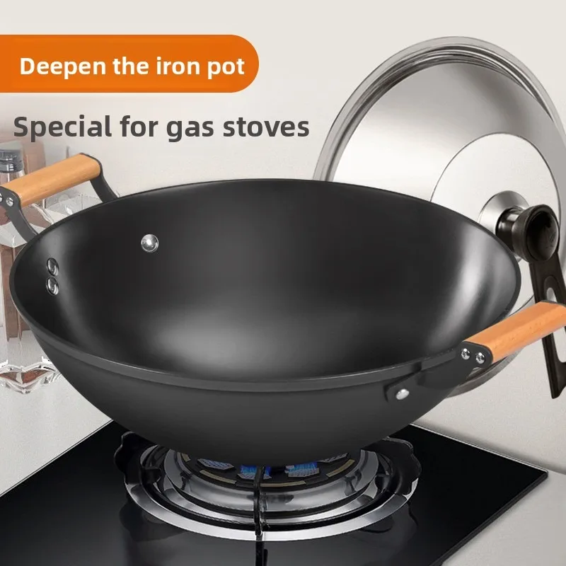 

Железная сковорода с двойным ухом, сковорода для перемешивания, бытовая сковорода для перемешивания, сковорода с антипригарным покрытием, старомодная большая газовая плита с круглым дном