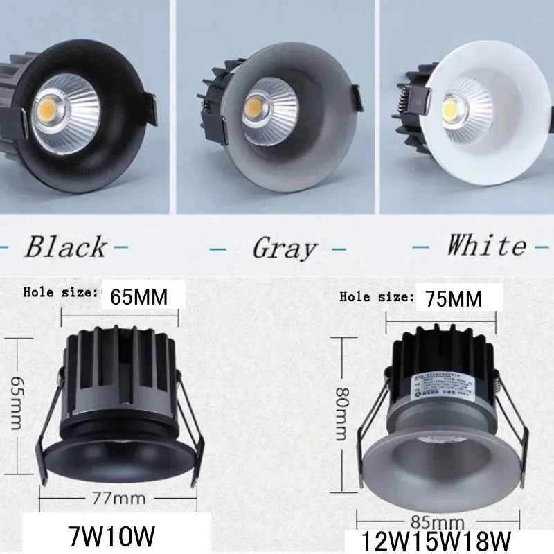 Aluminiowy wpuszczany punktowy sufitowy LED typu Downlight z możliwością przyciemniania 110V 220V 7W18W Hotel Villa oświetlenie wąskie obramowanie