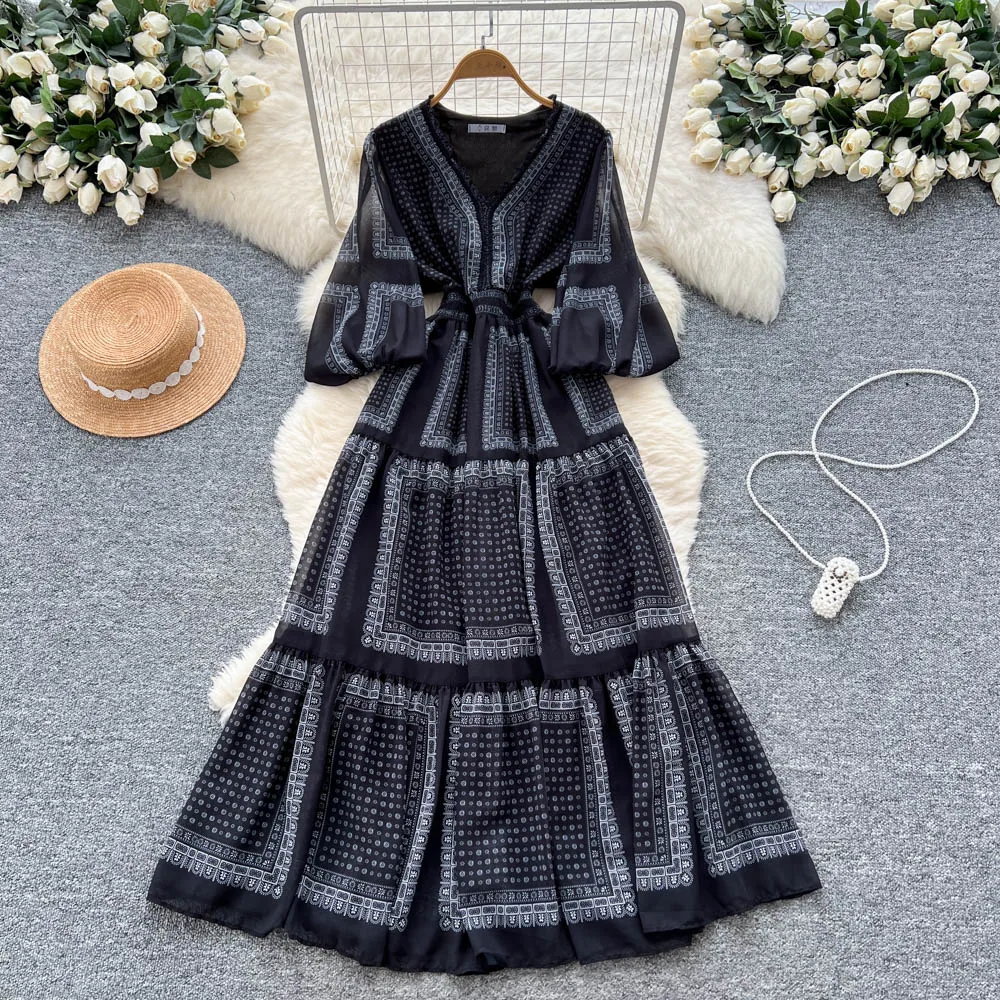 Chic vintage V-neck ruffle print slim Elegant Fairy korean fashion Boho Sundress women clothing Long dress