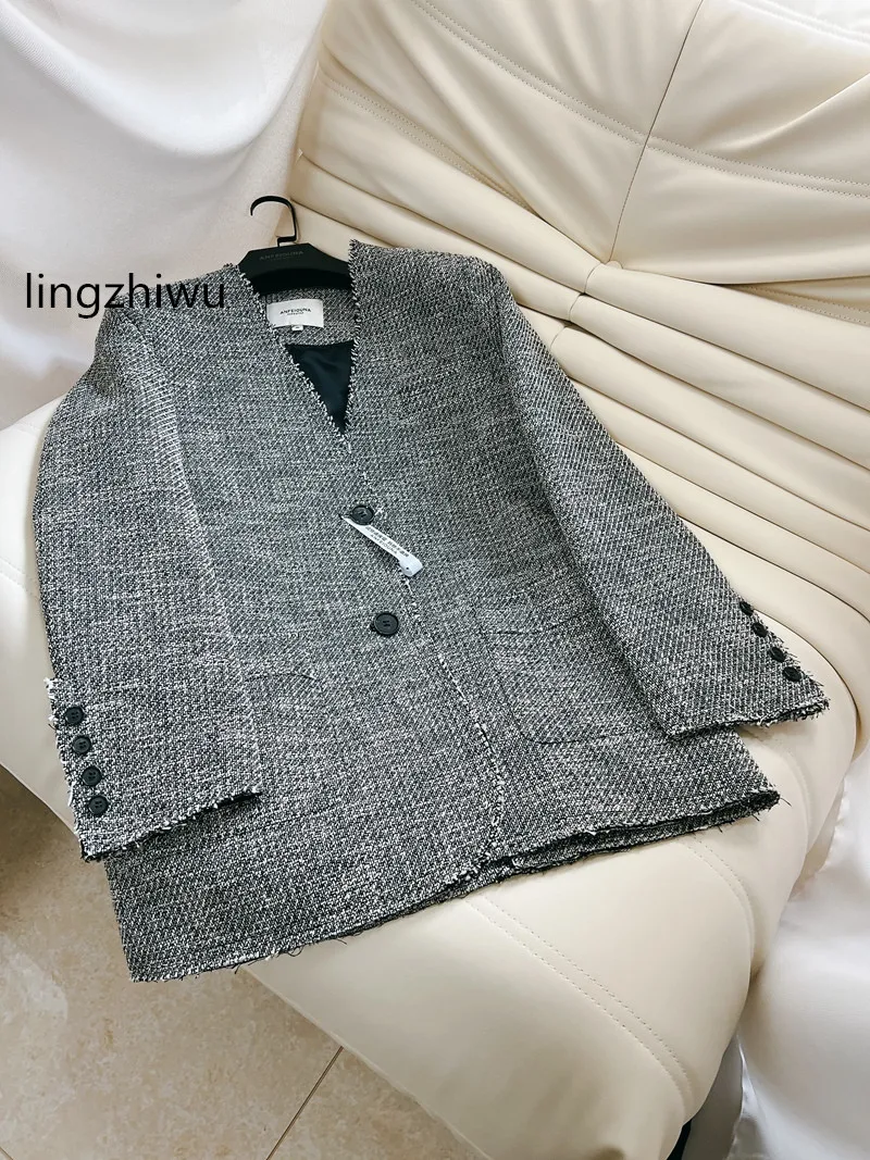 

lingzhiwu Spring Outerwear 2024 Female Casual Blazer British Top Quality Loose Vintage Gray Outwear New Arrive