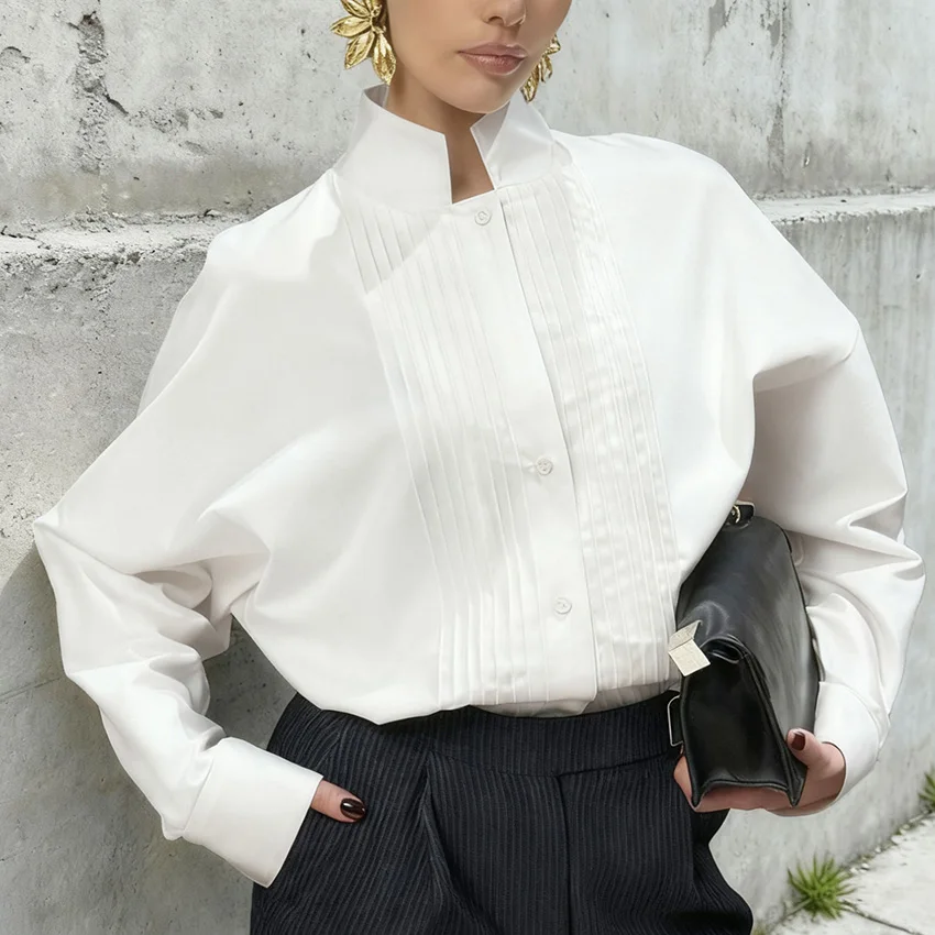 

Linad винтажная белая плиссированная блузка женская осенняя элегантная рубашка с воротником-стойкой женские уличные шикарные однотонные однобортные топы 2025