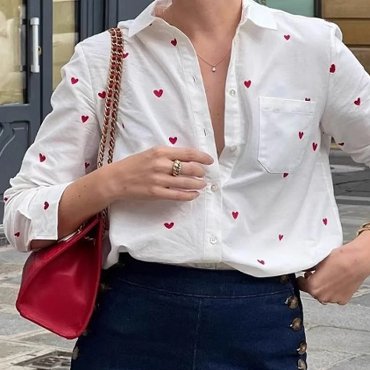 Red Heart Embroidery Shirts For Women Turndown Collar Single Breasted Pocket Blouse 2025 Spring Long Sleeve Casual White Blouses