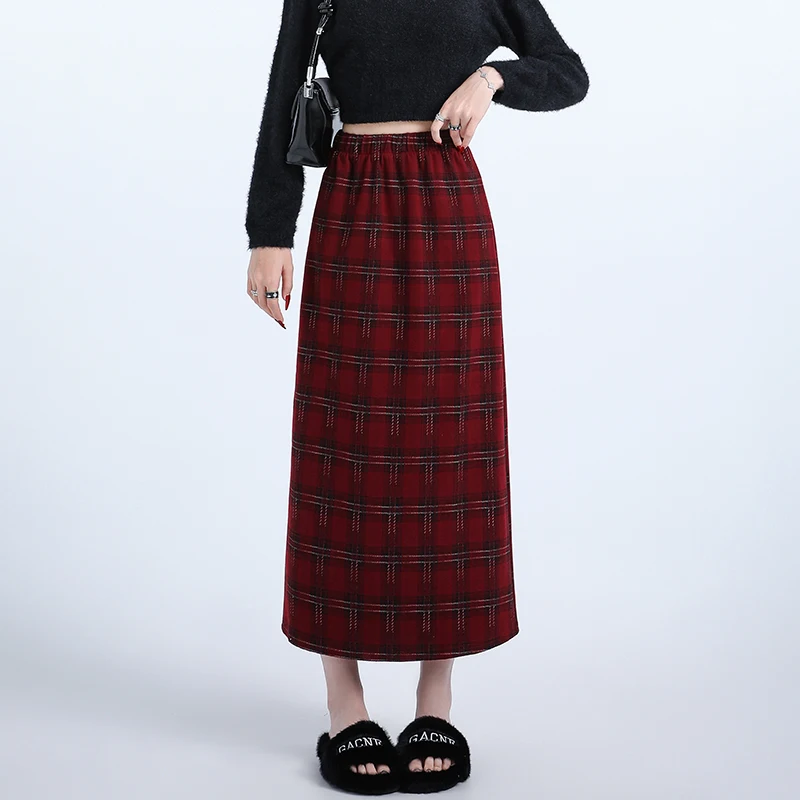 

2024 New Autumn Winter Women High Waist Slim Long Skirt High Quality Elegant Split Hem Vintage Plaid Woolen Skirt