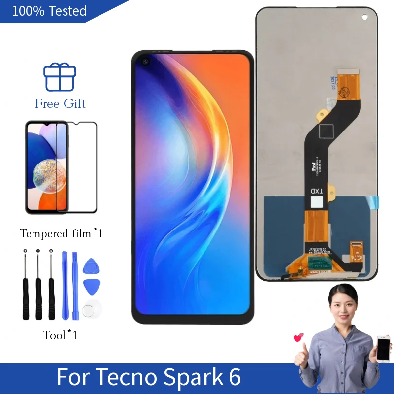 

Original Spark 6 Screen Replacement For Tecno Spark 6 Display KE7 Touch Screen Digitizer 6.8"