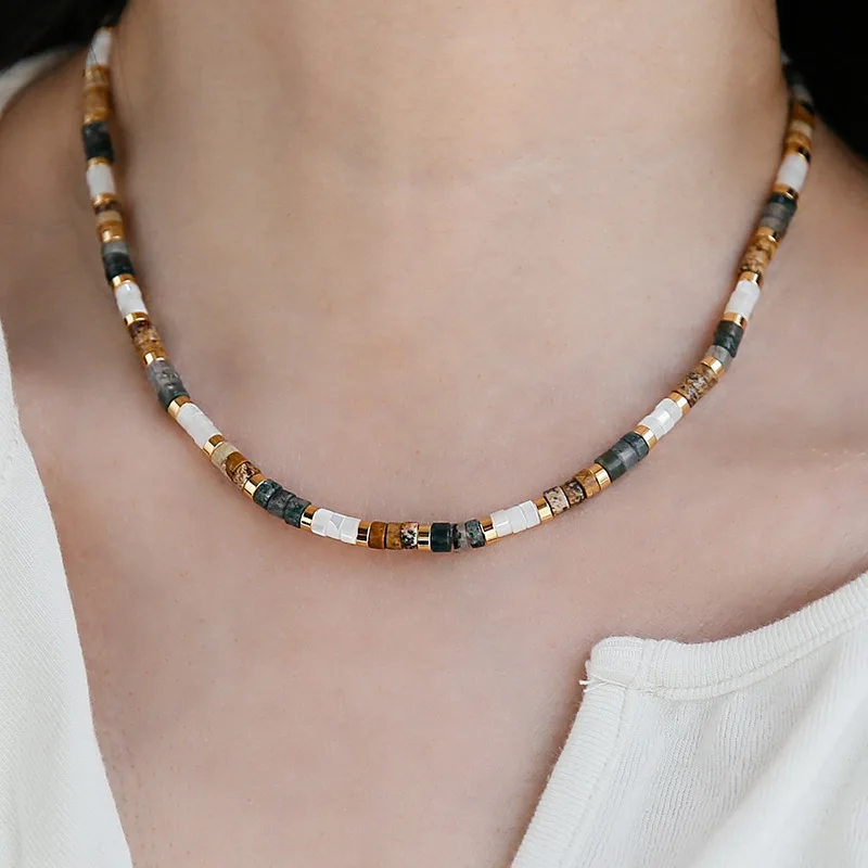 Minar Ethnic Multicolor Contrasted Natural Stone Beaded Necklace for Women Handmade Cubes Thread Strand Chokers Pendientes 2024