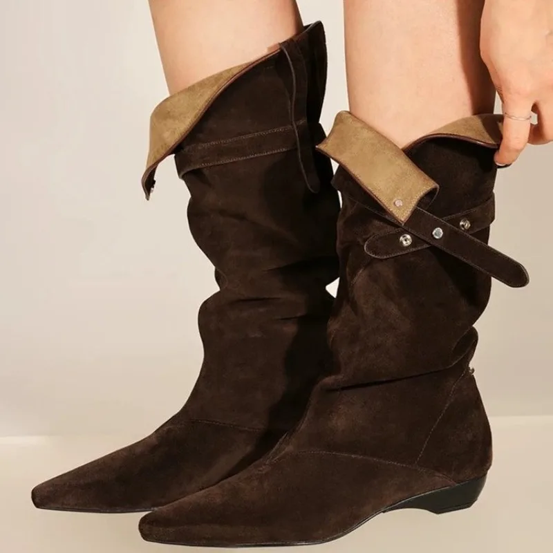 

Retro Inside Heightened Mid-Pole Boots Fall New Pointed Toe Sleeve Studded Sleeve Suede Low Heel Shoes