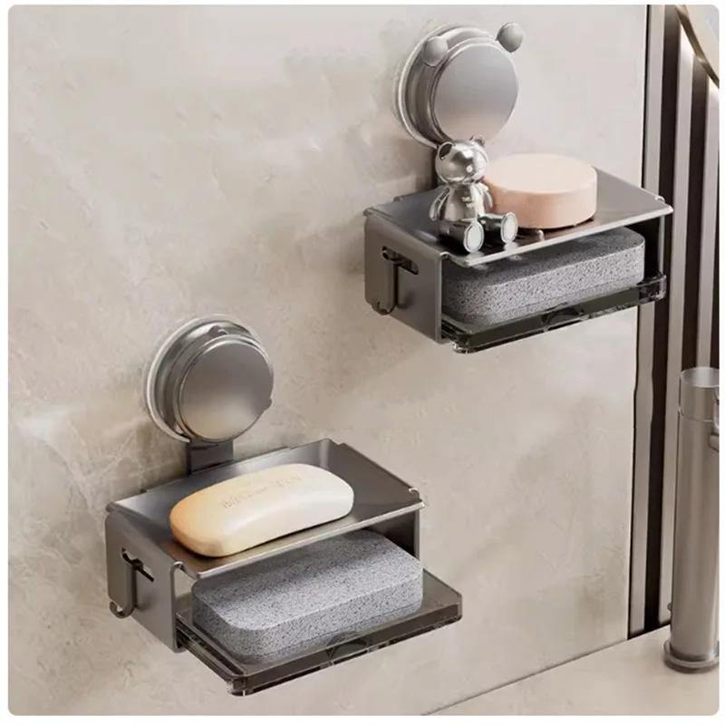 Punch-free Aluminum Alloy Suction Cup Soap Holder Double-layer Selfdraining Soap Sponge Storage Shelf Kitchen Bathroom Organizer