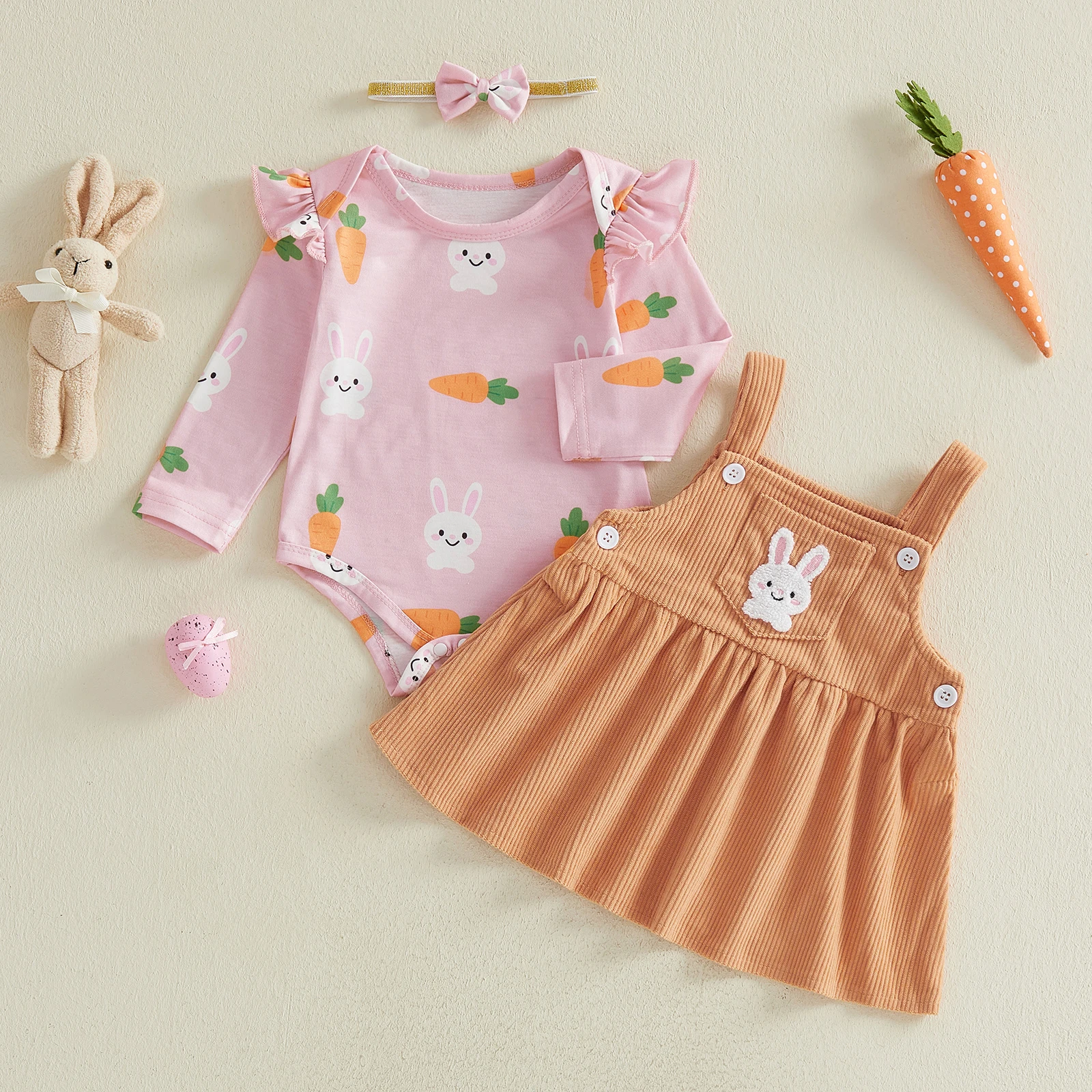 مجموعة ملابس عيد الفصح للفتيات الصغيرات، رومبير بأكمام طويلة مطبوع عليه أرنب وجزر لطيف مع عصابة رأس فستان مكونة من 3 قطع #2