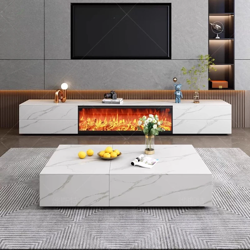 Luxury Living Room Furniture Italian Fireplace Slate TV Stands Embedded Simulation Flame Electronic Fireplace Storage TV Cabinet