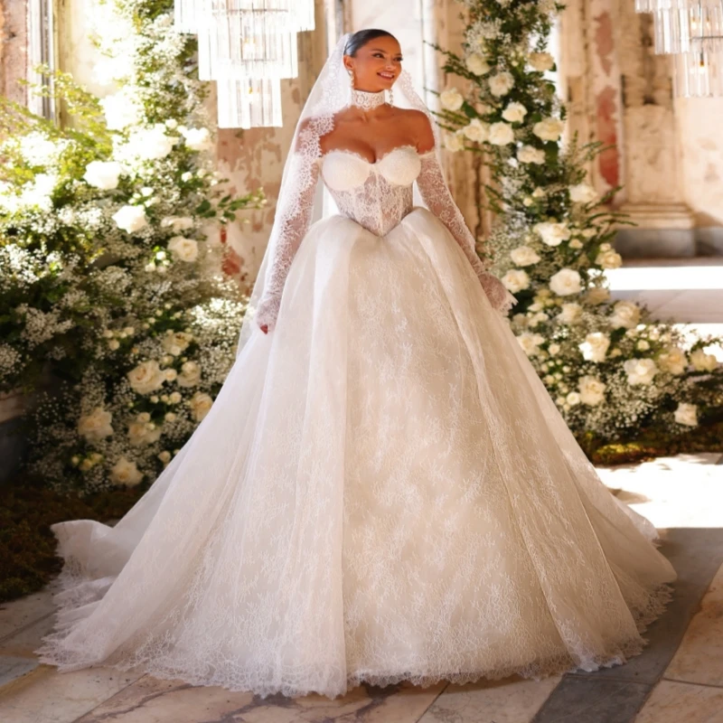 Luxury Light Champagne Dubai Arabic Mermaid Wedding Dresses Applique Lace Tull A-Line Court Train Wedding Dress Bridal Gowns