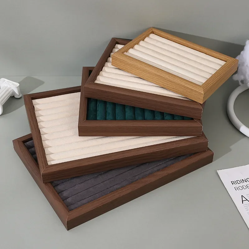 Wooden Velvet Ring Holder Tray Multi Grooves Rings Stud Earrings Storage Box Jewelry Display Plate Counter Organizer For Women
