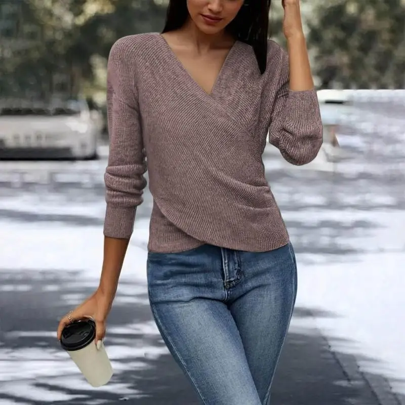 

Y3NE Женский свитер с v-образным вырезом и длинными рукавами, пуловер из мягкой полиэфирной ткани, вязаные топы