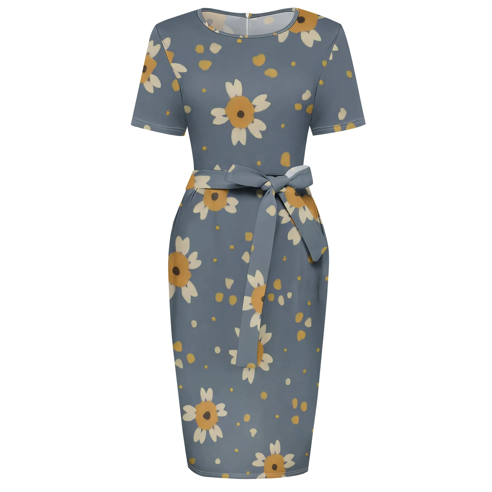 Abito aderente sexy da donna Girocollo estivo Manica corta Elegante stampa floreale Matita Chiesa Cocktail Party Abiti midi