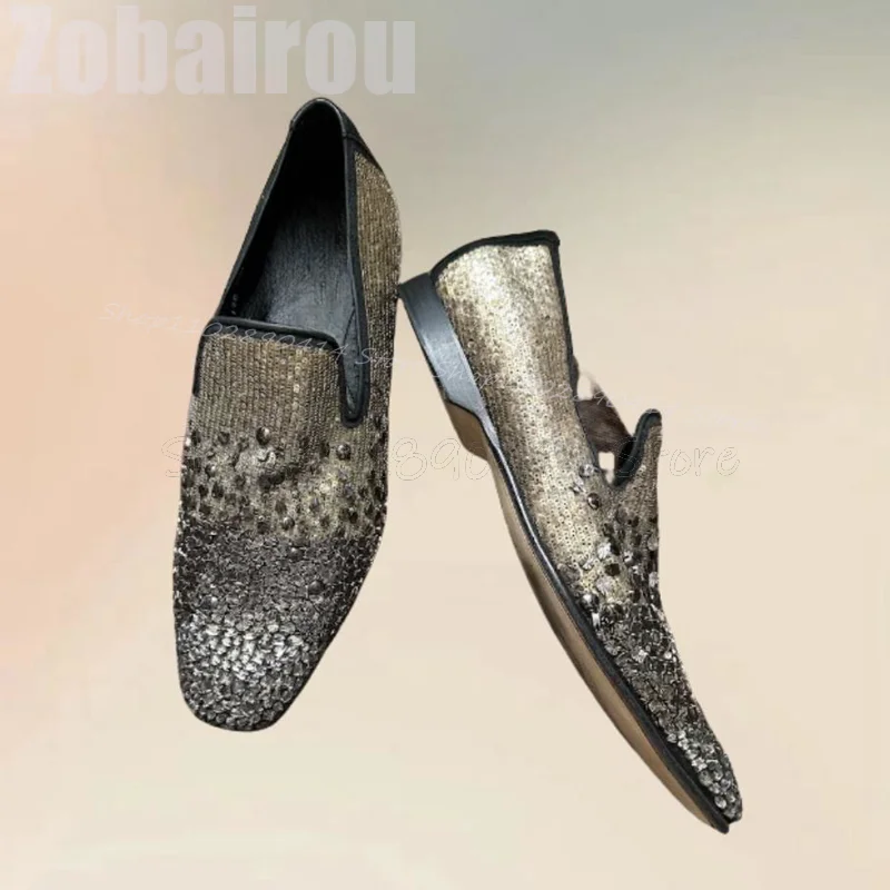 Mocassins bas faits à la main pour hommes, RiSALE d'or et d'argent, décor de paillettes, chaussures provoqué luxueuses, mode de banquet de fête