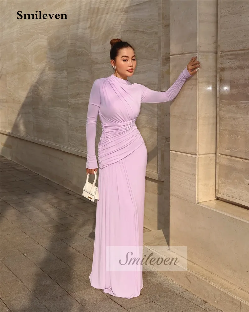 Smileven Abito da sera a sirena a maniche lunghe Rosa Maxi abiti da festa da ballo Eleganti semplici abiti da ballo con scollo rotondo 2025 personalizzati