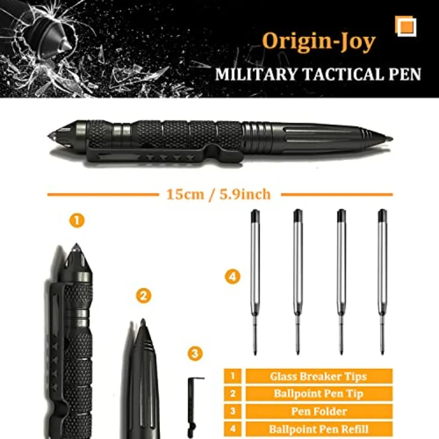 Origin-Joy – ensemble de 5 stylos tactiques militaires en acier au tungstène, stylo d'auto-défense EDC multifonctionnel avec 20 recharges de stylo à bille pour O