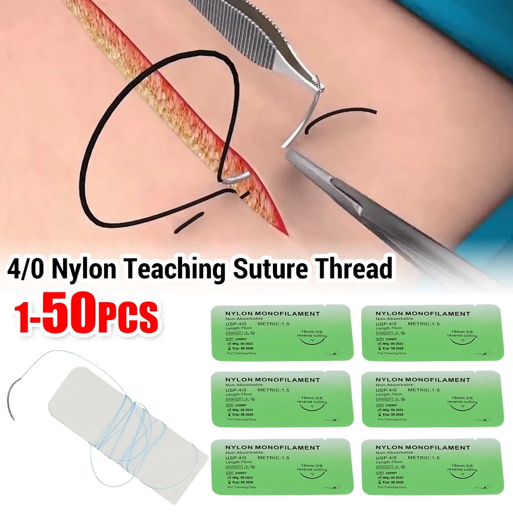 1-50PCS 4/0 Monofilament Needle Suture Nylon Silk Veterinary Practice Suture Kit Non-injured for Suture Teaching Exercises