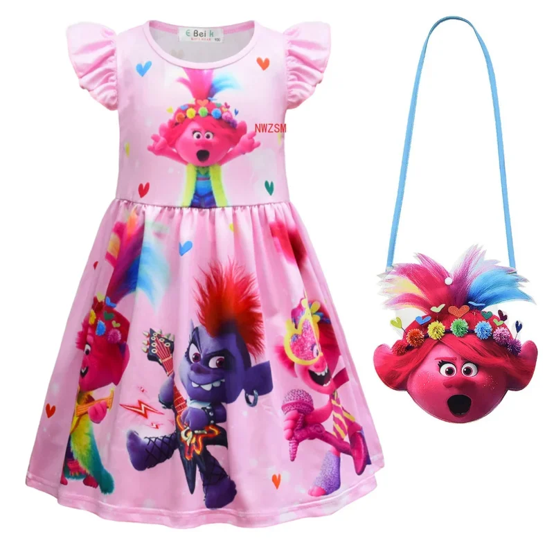 Kids Trolls Dress for Girls Summer Cartoon Children Clothing Milk Silk Ruffle Sleeve Princess Dresses Birthday Floral Clothes