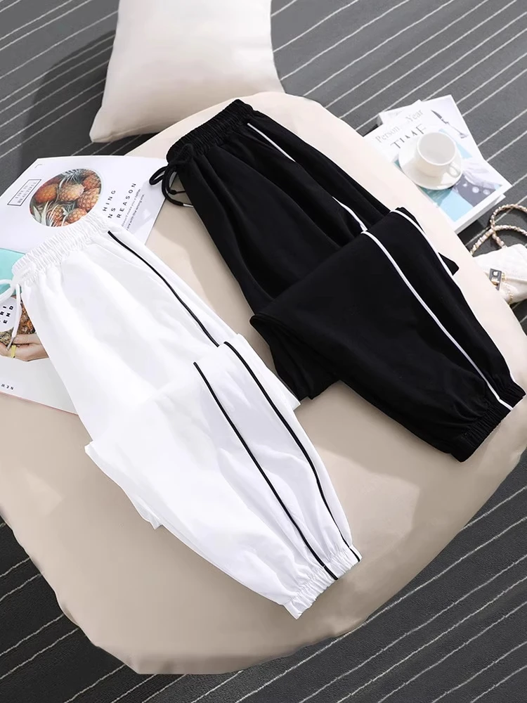 

Summer Thin Sport Pants Women's Casual Loose Fit High Waist Nine Points Striped Mosquito Proof Lantern Pants Qui Dry