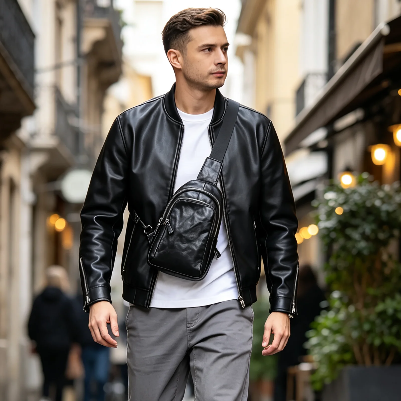 Echte Leder-Brusttasche für Herren, Casual-Umhängetasche aus Rindsleder, Modische Handyhülle, Pflanzlich gegerbtes Leder, Mini-Modell – Detail 4