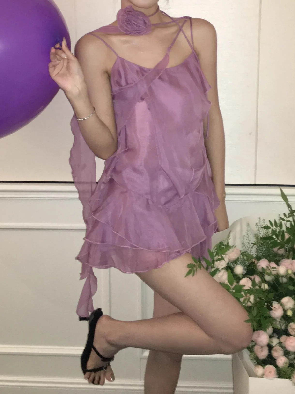 

Women 3D Flower Decoration Purple Set Ruffles Spliced Camisole Top + High Waist A-Line Mini Skirt Sweet Ladies Suits