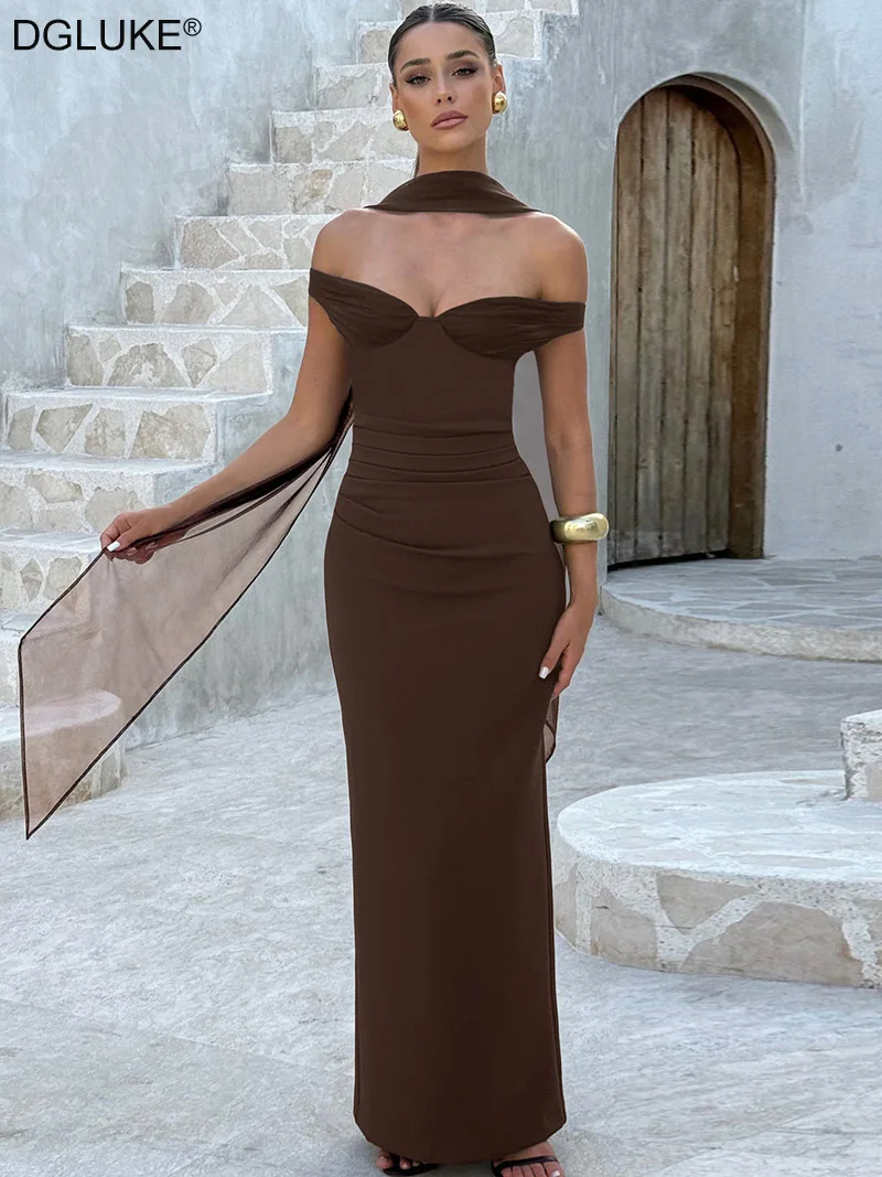 

DGLUKE Off Shoulder Backless Maxi Dress Women Sweetheart Neck Bodycon Dress Elegant Long Evening Prom Dress