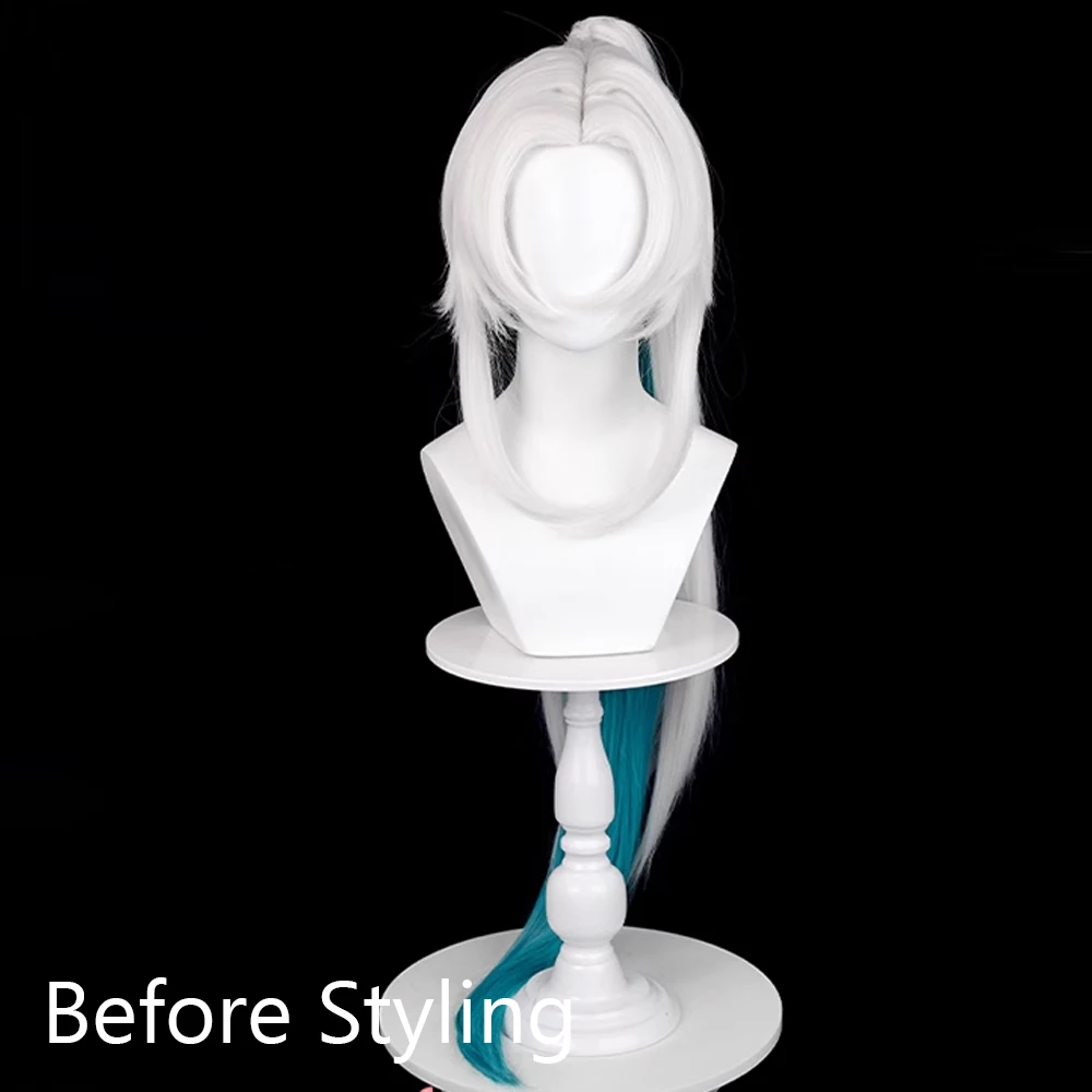 Honkai ستار السكك الحديدية Feixiao شعر مستعار الاصطناعية طويل مستقيم الأبيض أومبير الأزرق ذيل حصان كليب لعبة تأثيري شعر مستعار رقيق للحزب اليومي #3