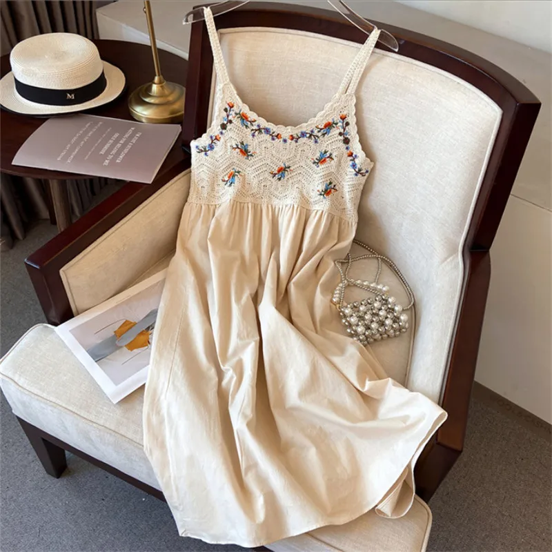Abito estivo da spiaggia da donna, senza maniche, aperto sul retro, boho, ricami floreali, abiti midi Y2K, vestito estivo vintage