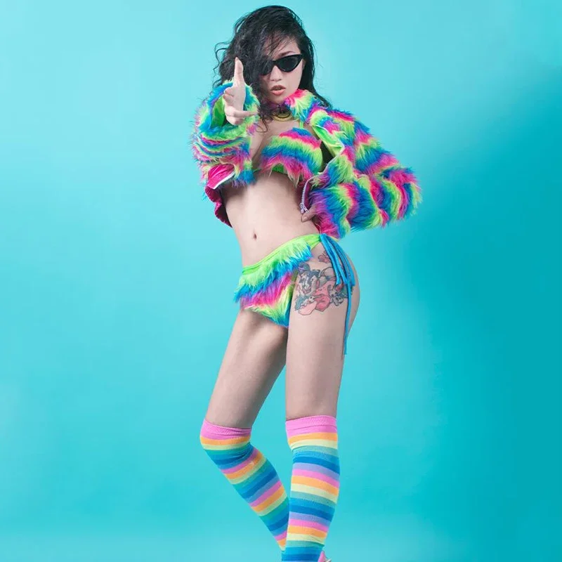 Sexy pole dance roupas femininas arco-íris listrado pele biquíni casaco boate dj ds gogo dançarino trajes palco rave outfit xs5314