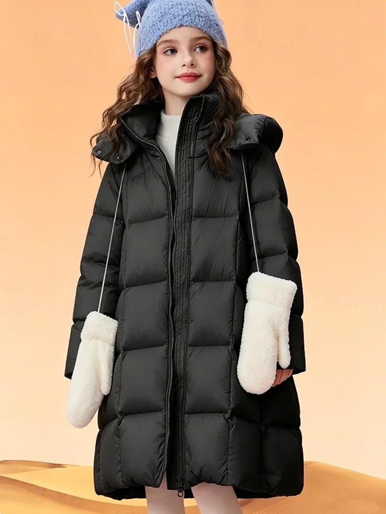 Wintermantel für Mädchen, lang, mit Kapuze, aus 90 % weißen Entendaunen, wasserdichtes, winddichtes und schmutzabweisendes Material, warme Daunenjacke für kaltes Wetter, für Kinder von 4 bis 14 Jahren. – Detail 4