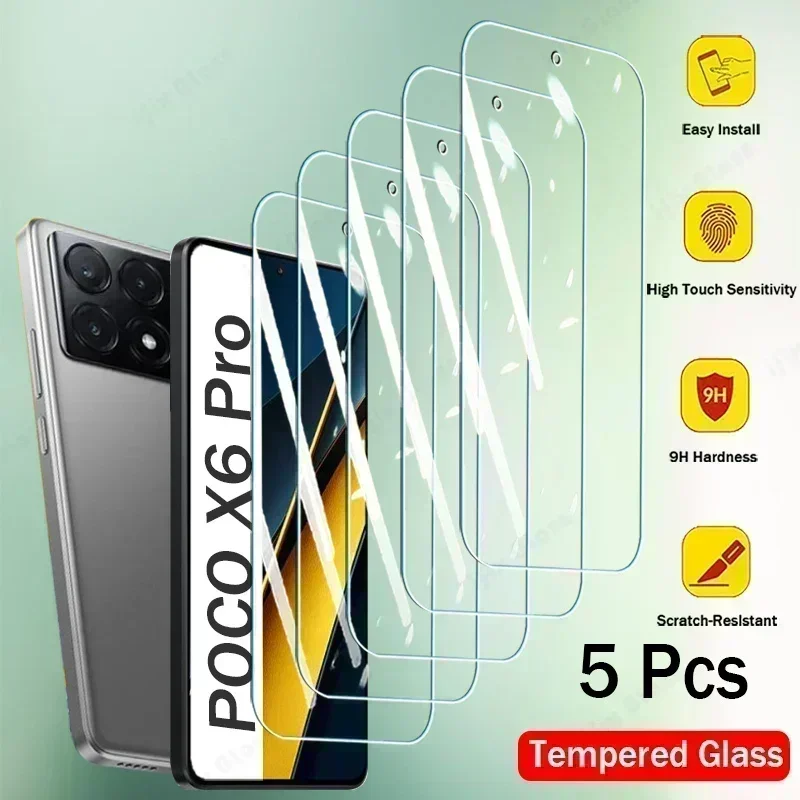 

5Pcs Tempered Glass For Xiaomi POCO X6 F5 X5 M6 C65 Pro Screen Protector For POCO X6Pro F5Pro X5Pro X6 F5 Pro Cover Glass Film