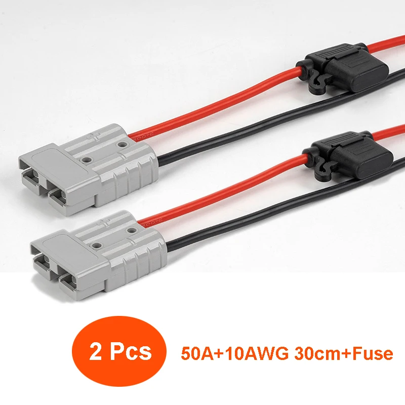 2 Pcs 50A Connector For Anderson Plug, With 30cm 10AWG Cable Fuse Holder Terminal For Battery Charging Connector Cable Kit