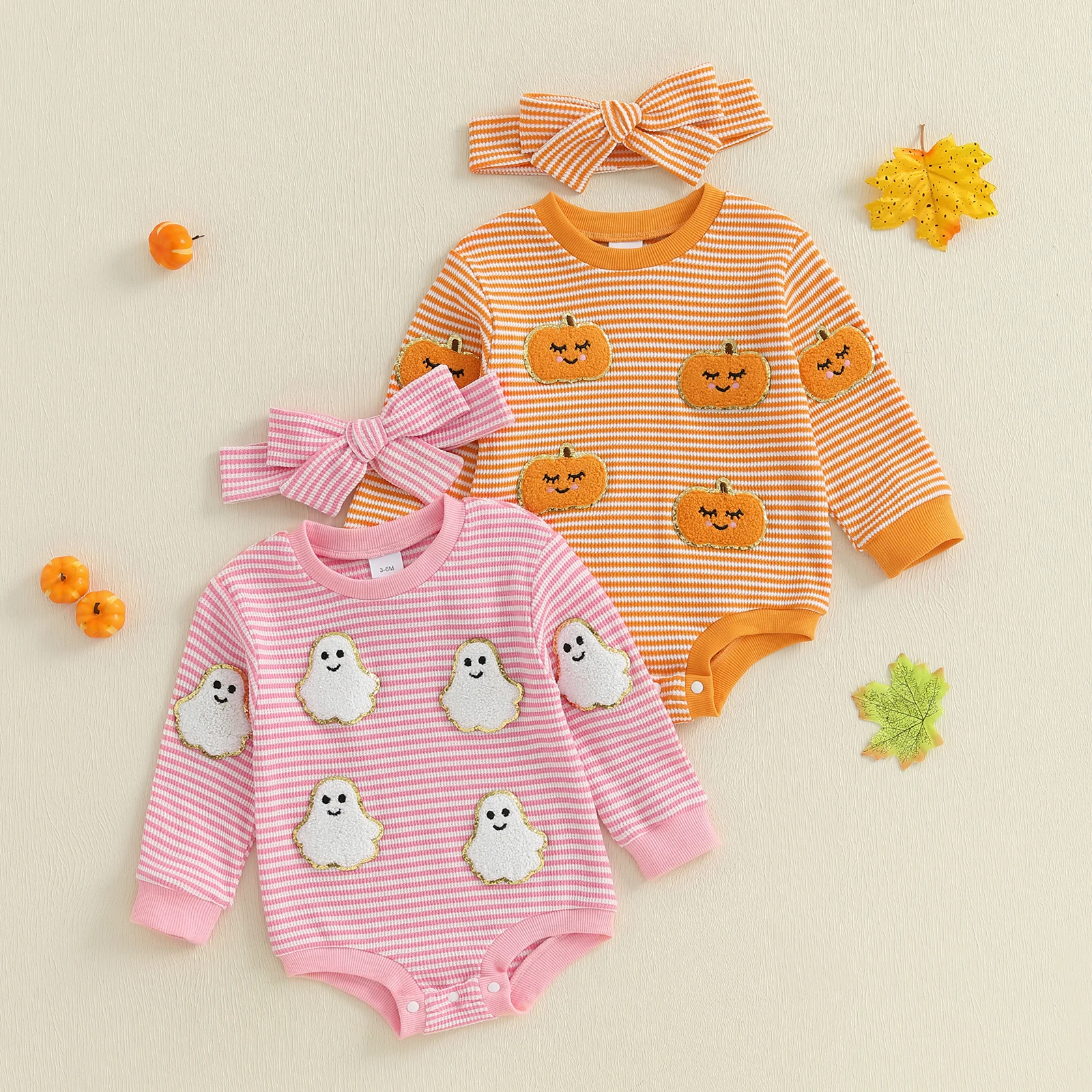 

Baby Girl Halloween Outfit Ghost Pumpkin Pattern Striped Long Sleeve Romper with Headband 2 Pcs Set for Fall